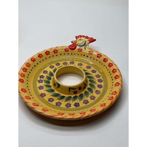 Dario Farrucci Design Yellow Floral Rooster 2 Tier Ceramic Serving Stand Tray